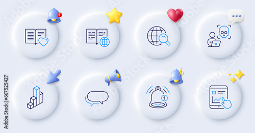 Cyber attack, 3d chart and Reminder line icons. Buttons with 3d bell, chat speech, cursor. Pack of Messenger, Love book, Internet report icon. Internet search pictogram. For web app, printing. Vector