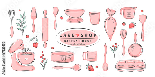 Big set tools, accessories and Ingredients  for cooking, baking items  dessert and pastry dishes. Whisk, cutlery, spatulas, mixer, scale. Vector illustration 