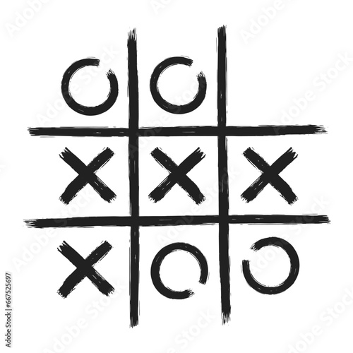 Tic tac toe xo game hand drawn grid doodle template vector illustration isolated on white background. Dirty grunge line tic tac toe game symbols.