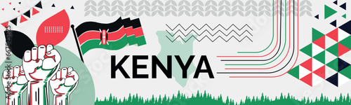 KENYA national day banner with map, flag colors theme background and geometric abstract retro modern colorfull design with raised hands or fists.