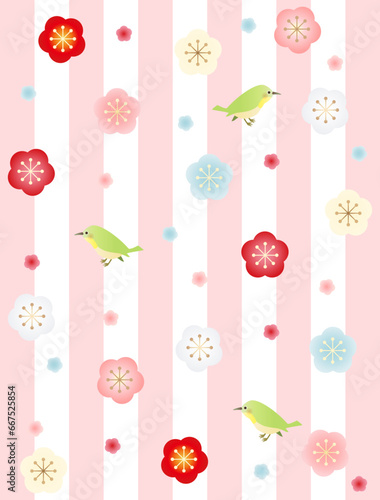 梅と鳥とストライプのレトロで可愛い壁紙 縦型バージョン