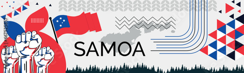 SAMOA national day banner with map, flag colors theme background and geometric abstract retro modern colorfull design with raised hands or fist