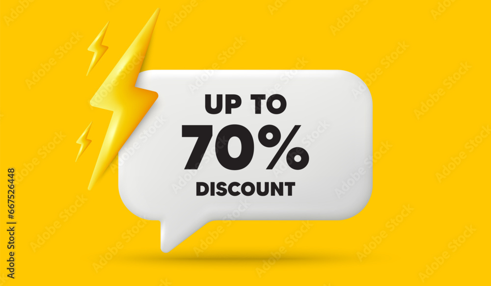 Up to 70 percent discount. 3d speech bubble banner with power energy. Sale offer price sign. Special offer symbol. Save 70 percentages. Discount tag chat speech message. 3d offer talk box. Vector Up to 70 percent discount. 3d speech bubble banner with power energy. Sale offer price sign. Special offer symbol. Save 70 percentages. Discount tag chat speech message. 3d offer talk box. Vector