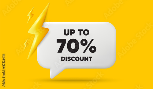Up to 70 percent discount. 3d speech bubble banner with power energy. Sale offer price sign. Special offer symbol. Save 70 percentages. Discount tag chat speech message. 3d offer talk box. Vector