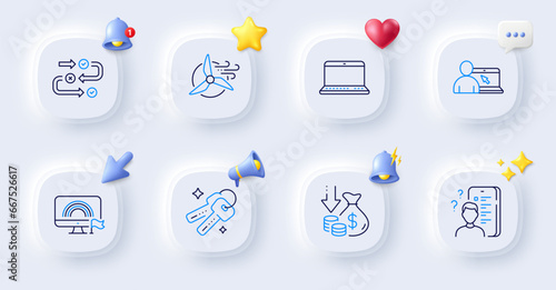 Lgbt, Deflation and Keys line icons. Buttons with 3d bell, chat speech, cursor. Pack of Windmill turbine, Online education, Survey icon. Notebook, Survey progress pictogram. Vector