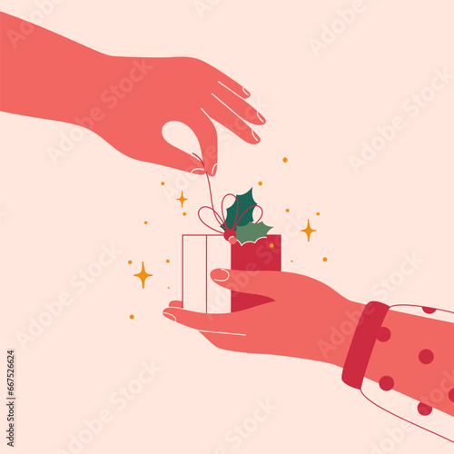 Female hand gives xmas gift box to another hand. Christmas red present decorated with holly leaves shares from one arm to other. Festive Vector illustration