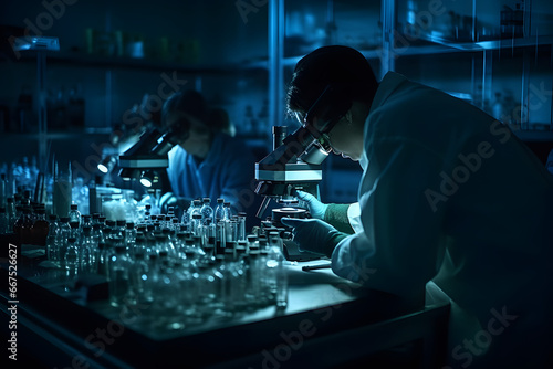 Scientists working in a state-of-the-art laboratory conducting research in biology technology, using a macro lens to capture intricate details and a modern, clean aesthetic