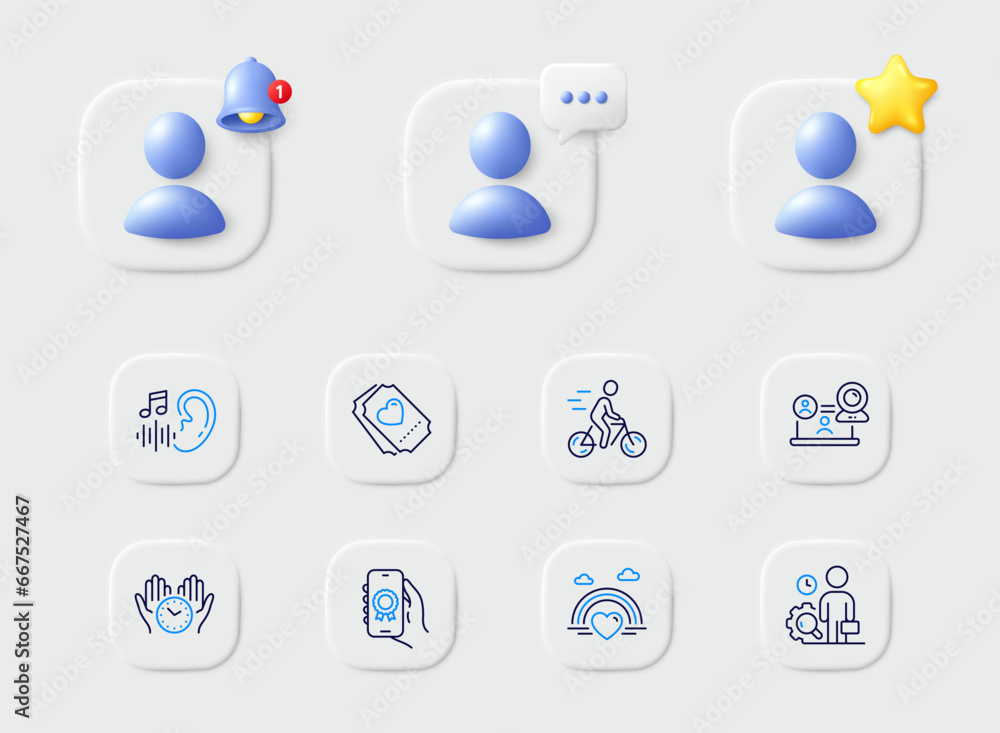 Award app, Safe time and Video conference line icons. Placeholder with 3d star, reminder bell, chat. Pack of Hearing, Cyclist, Inspect icon. Lgbt, Love ticket pictogram. For web app, printing. Vector Award app, Safe time and Video conference line icons. Placeholder with 3d star, reminder bell, chat. Pack of Hearing, Cyclist, Inspect icon. Lgbt, Love ticket pictogram. For web app, printing. Vector