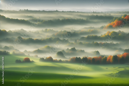 Fantastic scenery with morning fog. Green meadows in frost. photo