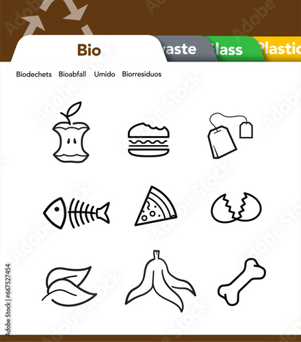 Ready sets of icons for separating bio waste. Vector elements are made with high contrast, well suited to different scales and on different media. Ready for use in your design. EPS10.