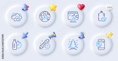 Wallet, Project deadline and Lock line icons. Buttons with 3d bell, chat speech, cursor. Pack of Phone repair, Fitness water, Co2 icon. Christmas tree, Refill water pictogram. Vector
