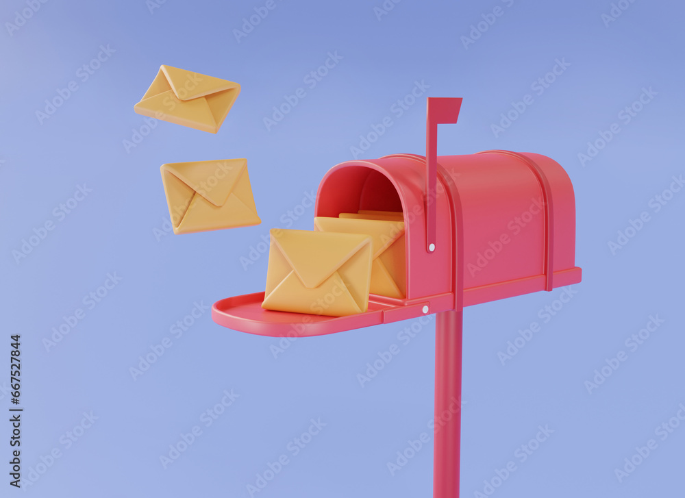 Red mailbox with mail envelope. Mail delivery,post office, Sent mail message, Read online message, Mail icon, Newsletter.minimal cartoon style. 3d rendering illustration on purple background Red mailbox with mail envelope. Mail delivery,post office, Sent mail message, Read online message, Mail icon, Newsletter.minimal cartoon style. 3d rendering illustration on purple background