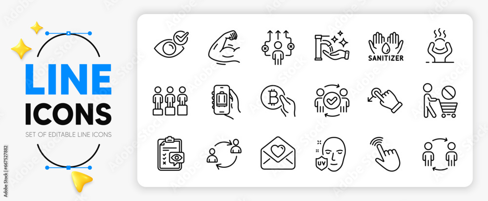 Uv protection, Baggage app and Bitcoin pay line icons set for app include Washing hands, Difficult stress, Strong arm outline thin icon. Business way, Stop shopping. Vector