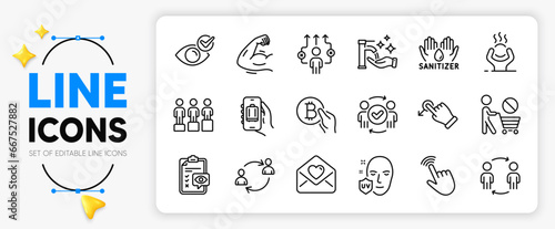 Uv protection, Baggage app and Bitcoin pay line icons set for app include Washing hands, Difficult stress, Strong arm outline thin icon. Business way, Stop shopping. Vector