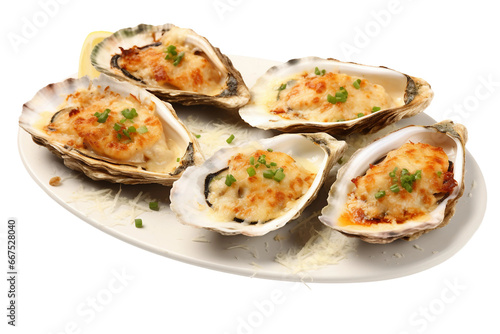 Grilled Oysters with Garlic and Parmesan on transparent background.