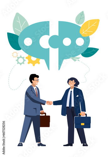 Vector illustration in flat style. Businessmen business people, man and woman with handshake agree to discuss social networks, news, chat, dialogues, words, thoughts. Brainstorming, finding solutions