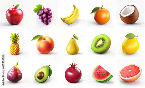 Set 3d icon. Pictured: apple, grapes, banana, orange, coconut, pineapple, peach, pear, kiwi, lemon, fig, avacado, grant, watermelon, grapefruit on the white background. 