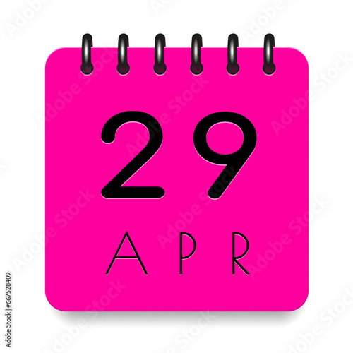29 day of the month. April. Pink calendar daily icon. Black letters. Date day week Sunday, Monday, Tuesday, Wednesday, Thursday, Friday, Saturday. Cut paper. White background. Vector illustration.