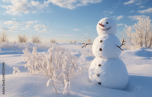 snowman in the plain covered by snow