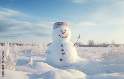 snowman in the plain covered by snow