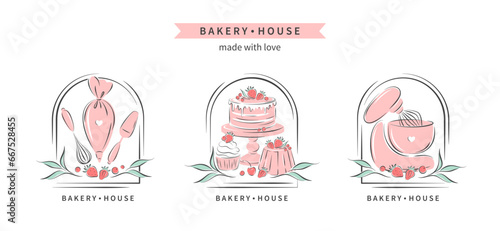 Bakery house logo. Set of design for pastry and bread shop.Planetary stationary dough mixer, kitchen tools and cakes and berries. Vector illustration