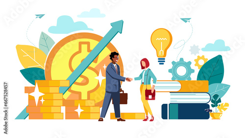 Vector illustration on white background. Business successful team.The investor holds money in ideas.Financing of creative projects.African American businessman and woman, financial contract, handshake