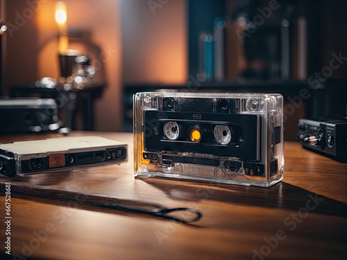 Audio cassette on a cool wooden table. There is a strip on the cassette on which something can be written. Cool, music, hippy, vintage