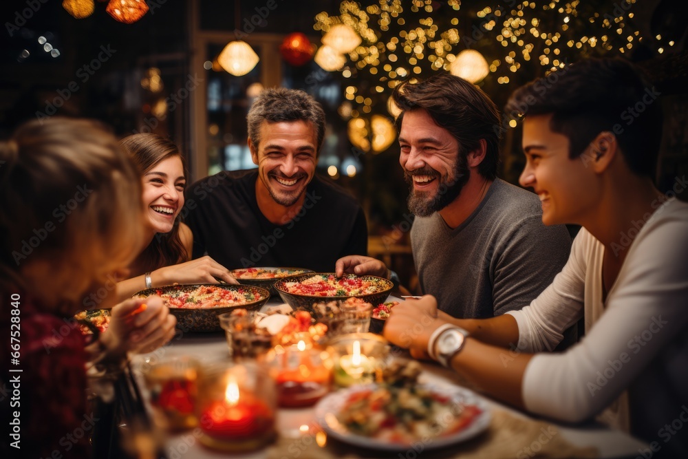 Multi generational family chatting while having dinner at home