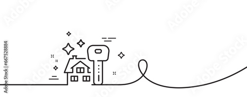 Buying house line icon. Continuous one line with curl. Buy real estate sign. New home symbol. Buying house single outline ribbon. Loop curve pattern. Vector