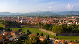 Aerial view of Lucca, Italy. It is a city and comune in Tuscany. The historic centre, full of ancient structures from various eras, is surrounded by sixteenth-century walls.
