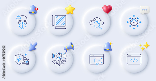 Medical mask, Seo script and Home facility line icons. Buttons with 3d bell, chat speech, cursor. Pack of Square area, Seo message, Car charging icon. Cloud computing, Incubator pictogram. Vector