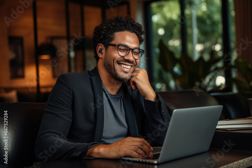 Man sitting in front of laptop computer, ready to work or browse internet. Suitable for business, technology, and remote work concepts