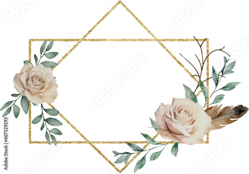 Modern roses and feathers floral frame and gold borders in rhombus and rectangular shape. Template with space for text, greeting cards, invitation, mood decoration, save the date, wedding, greeting.