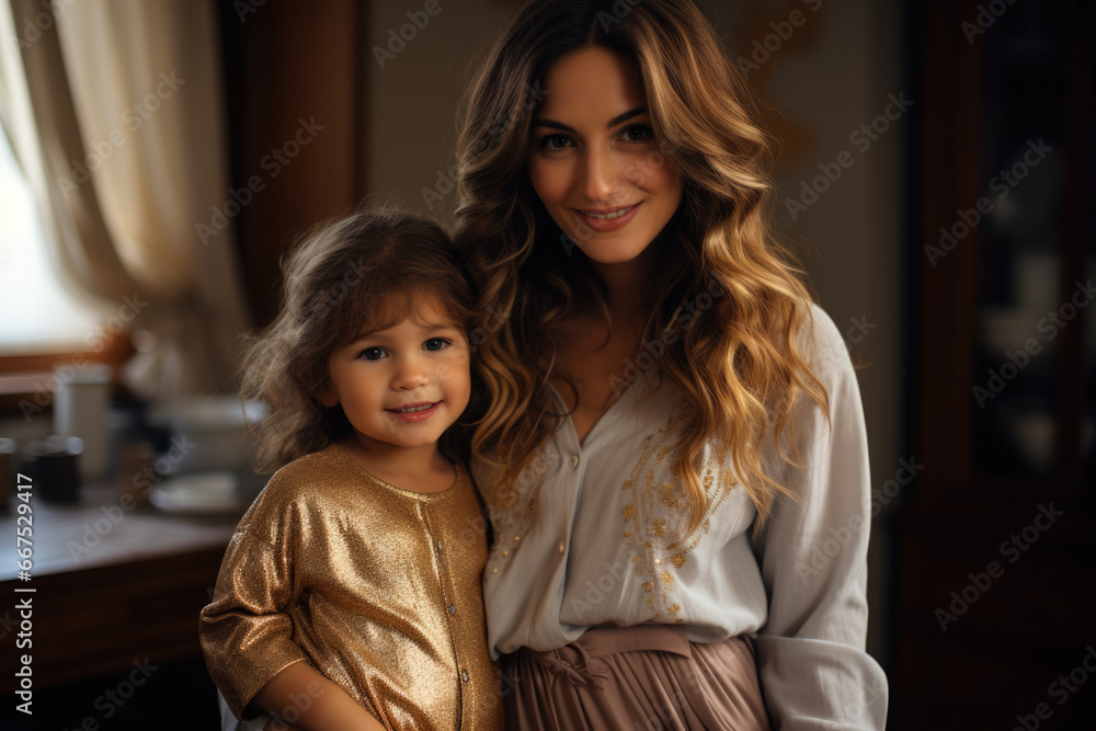 Woman and little girl standing together, posing for picture. This image can be used for family portraits, advertisements, or social media posts Woman and little girl standing together, posing for picture. This image can be used for family portraits, advertisements, or social media posts