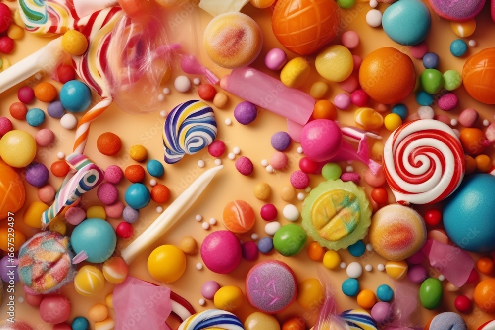 Colorful sweets and candies forming an enticing background. Generative AI
