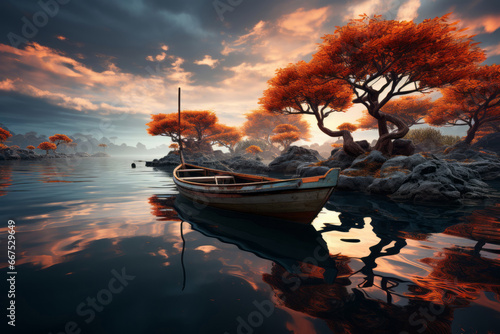 Tranquil Evening Sunset over the Ocean with Reflection and Boat. Tranquil sunset reflects on calm water with tree silhouettes. (ID: 667529649)