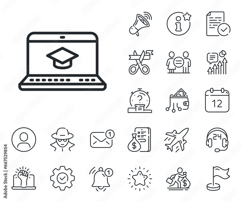 Fototapeta premium Notebook or Laptop sign. Salaryman, gender equality and alert bell outline icons. Online Education line icon. Graduation cap symbol. Website Education line sign. Vector