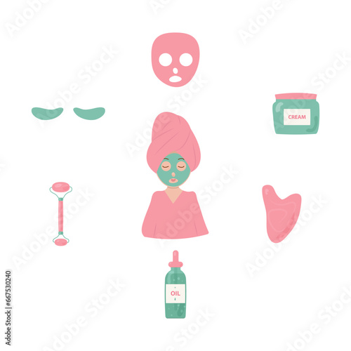 Set of cosmetics for facial skin care. Girl with cosmetic mask, face mask, jar of cream, eye patches, massage roller, gua sha scraper, massage oil.
Flat vector illustration on white background.