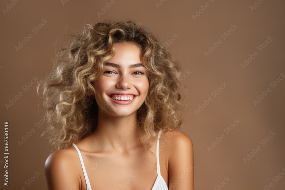 Woman with curly hair smiling at camera. Perfect for advertising, social media, and personal branding purposes Woman with curly hair smiling at camera. Perfect for advertising, social media, and personal branding purposes