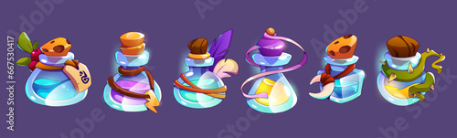 Game assets of glass bottles and flasks with colorful liquid elixir or potion. Cartoon vector set of vials with magic water, corks and tags. Fantasy apothecary chemistry bulbs with poison and antidote