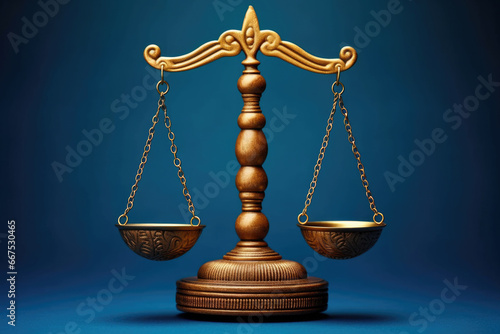 Picture of golden scale with two bowls, perfect for illustrating balance, justice, or decision-making. Ideal for legal, financial, or educational content