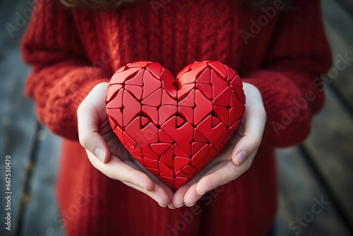 Woman is seen holding red heart made of broken pieces. This image can be used to represent broken heart, heartbreak, love gone wrong, or process of healing after breakup