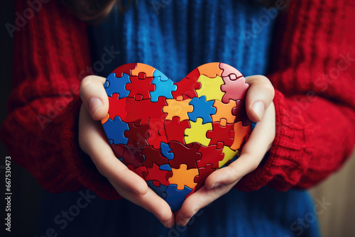 Person holding heart made of puzzle pieces. Concepts such as love, unity, connection, and problem-solving. Ideal for use in presentations, advertisements, and educational materials