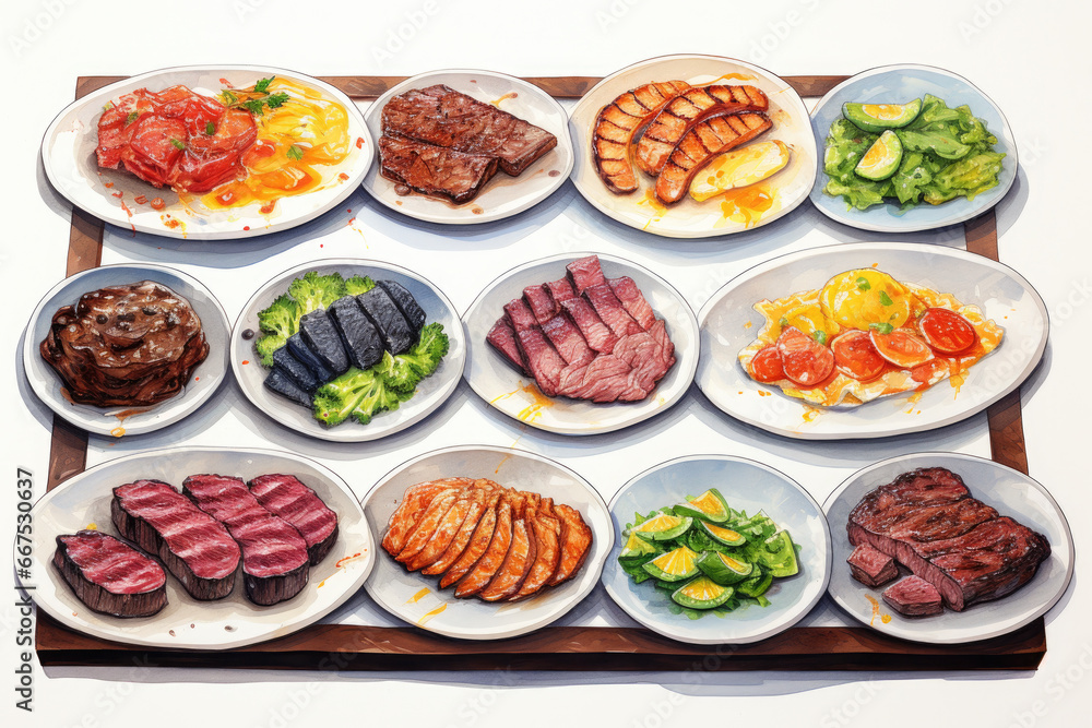 Collection of various dishes displayed on table. Suitable for use in restaurant menus or food-related articles Collection of various dishes displayed on table. Suitable for use in restaurant menus or food-related articles