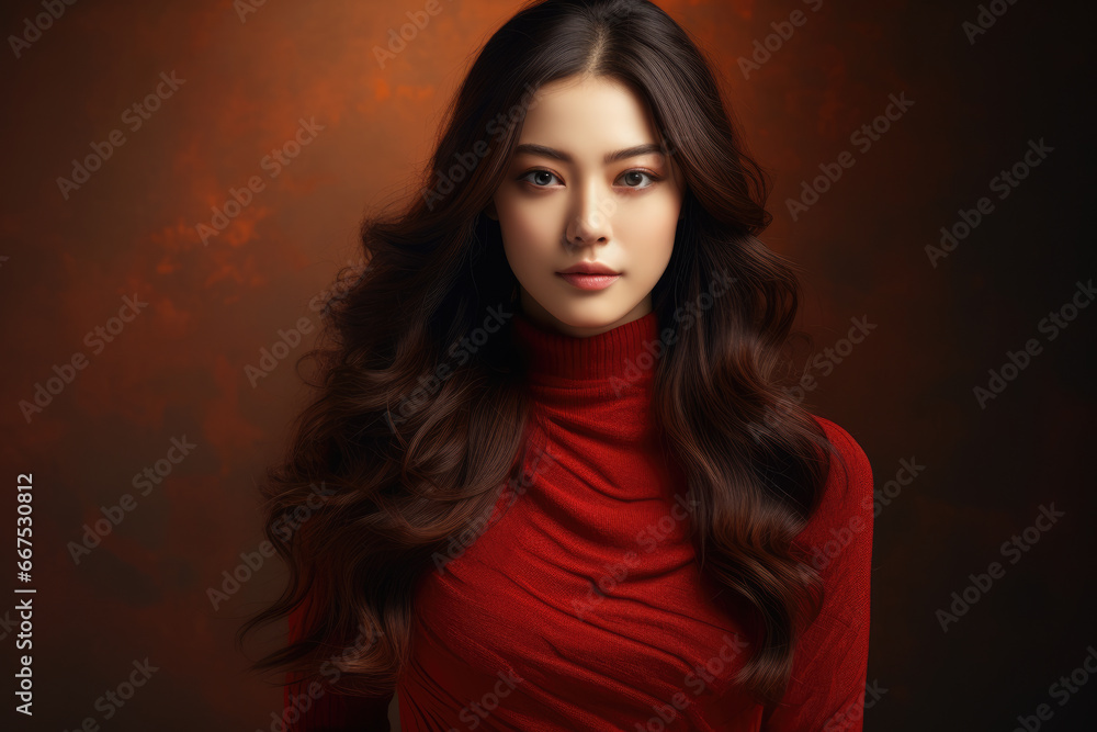 Woman wearing red turtle neck sweater is posing for picture. This versatile image can be used for various purposes