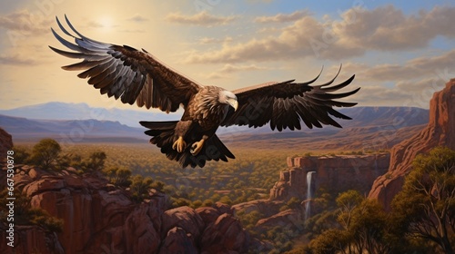 A wedge-tailed eagle, circling above a rugged terrain, casting a shadow below.
