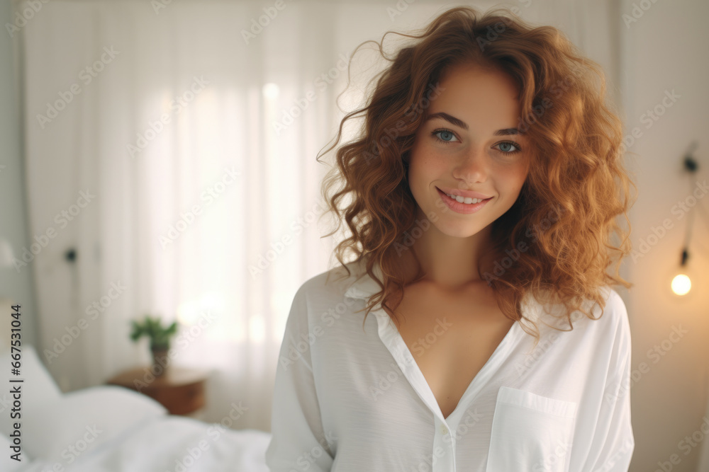 Woman in white shirt standing in front of bed. This image can be used to depict relaxation, morning routines, or bedroom decor ideas Woman in white shirt standing in front of bed. This image can be used to depict relaxation, morning routines, or bedroom decor ideas