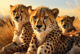 A group of cheetahs sitting on top of a dry grass covered field. This image can be used to depict wildlife, African savannah, or animal behavior.