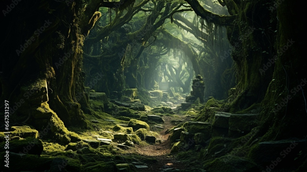 An ancient forest, with moss-covered trees and a soft, dappled light filtering through the canopy.