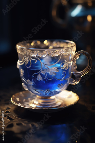 A glass cup filled with blue liquid. Can be used for various purposes.